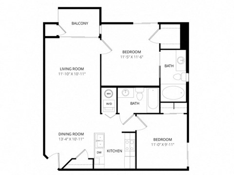 Floor plan for 2 beds, 2 baths, 830 sqft